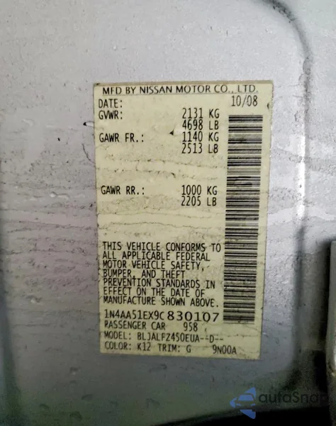 2009 Nissan Maxima S z USA, uszkodzony, nr VIN 1N4AA51EX9C830107